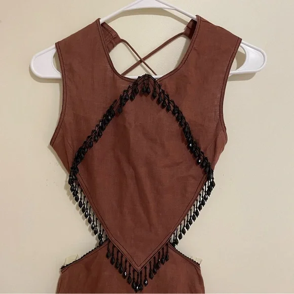 Ganni Hemp Maxi Dress with Beaded Trim Rootbeer Brown - Picture 9 of 16